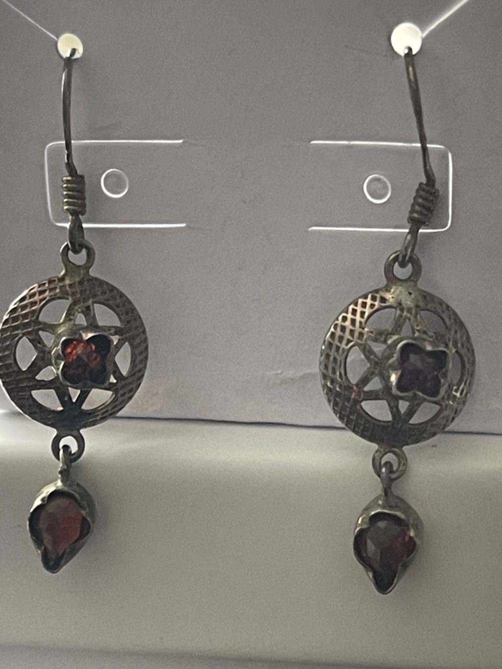 Sterling silver Garnet Drop Earrings Star design Antique Silver